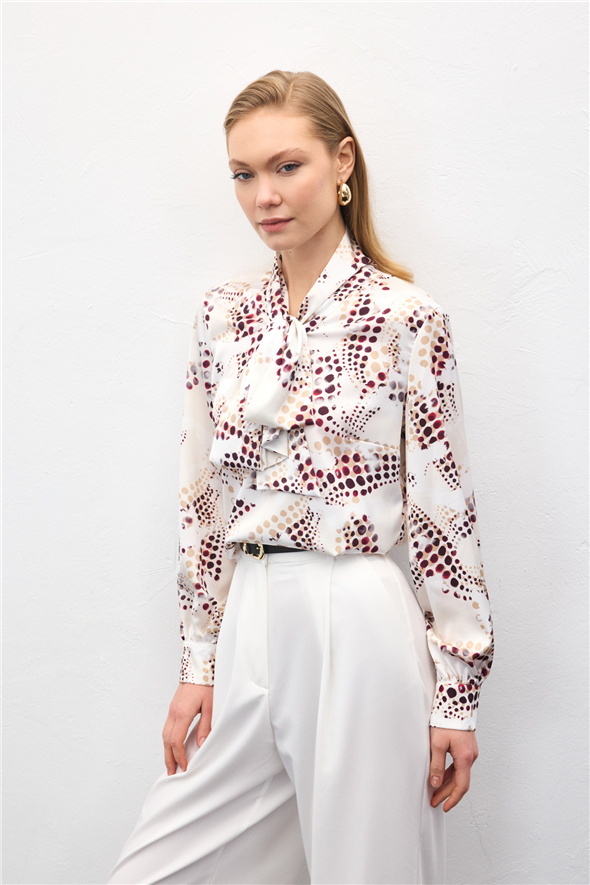 Fular Detaylı Desenli Bluz - Ekru