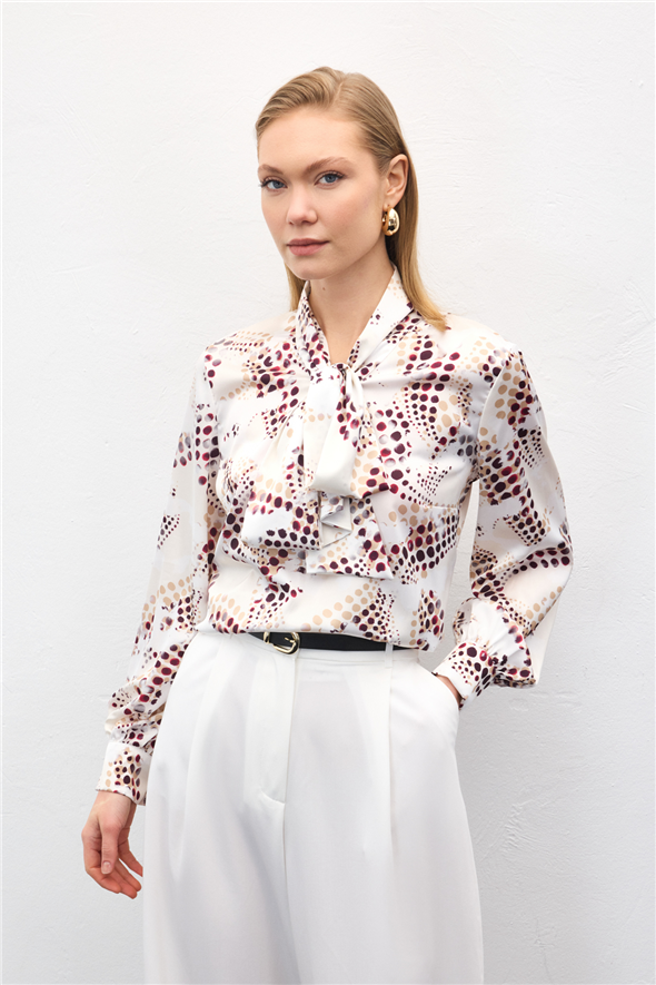 Fular Detaylı Desenli Bluz - Ekru