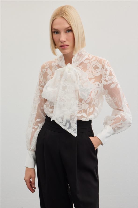 Fularlı Çiçek Desenli Gömlek - Ekru