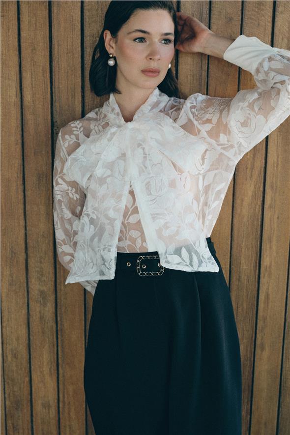 Fularlı Çiçek Desenli Gömlek - Ekru