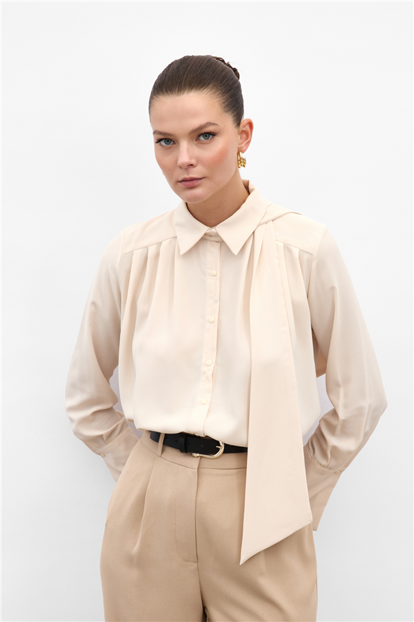 Fularlı Gömlek - Bej