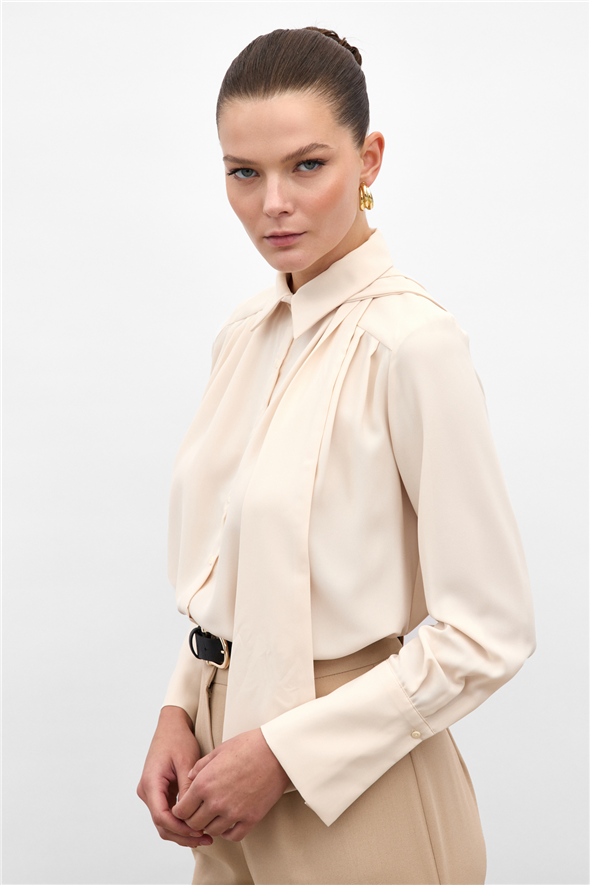 Fularlı Gömlek - Bej