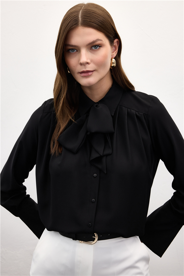 Fularlı Gömlek - Siyah