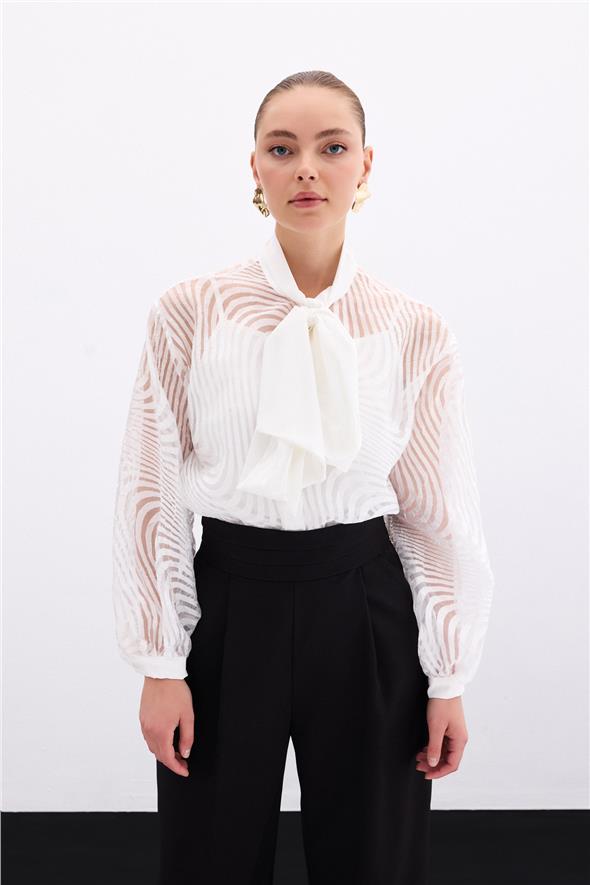 Fularlı Zebra Desenli Gömlek - Ekru