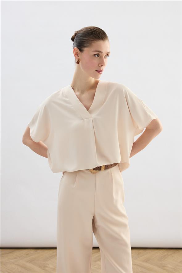 Geniş Kısa Kollu Bluz - Bej