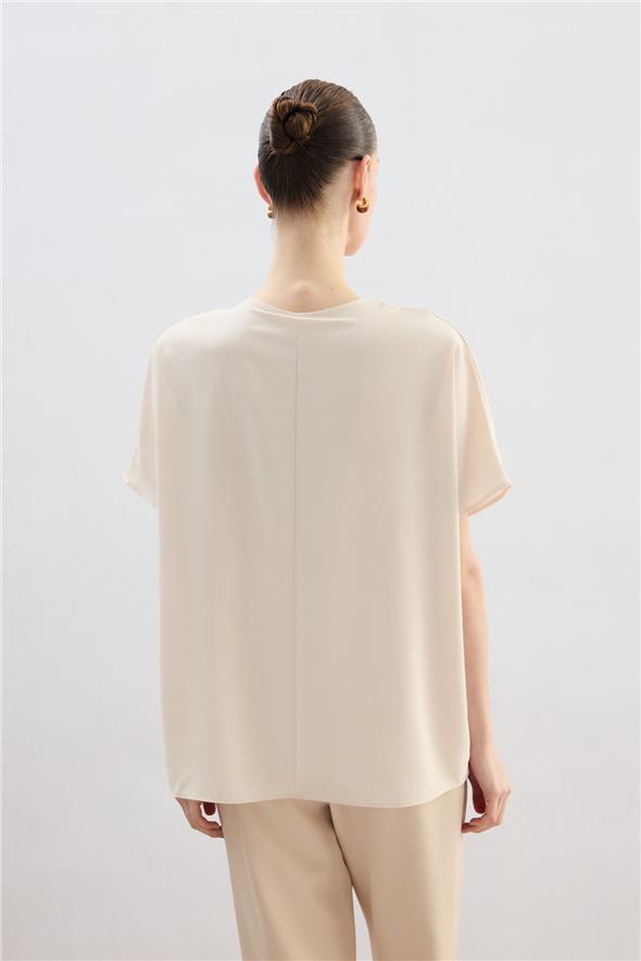 Geniş Kısa Kollu Bluz - Bej