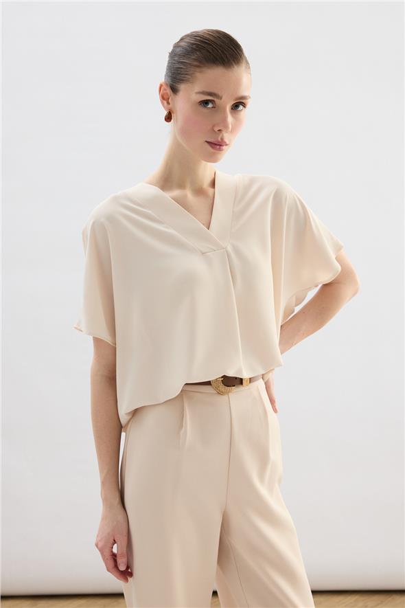 Geniş Kısa Kollu Bluz - Bej