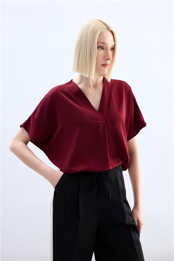 Geniş Kısa Kollu Bluz - Bordo