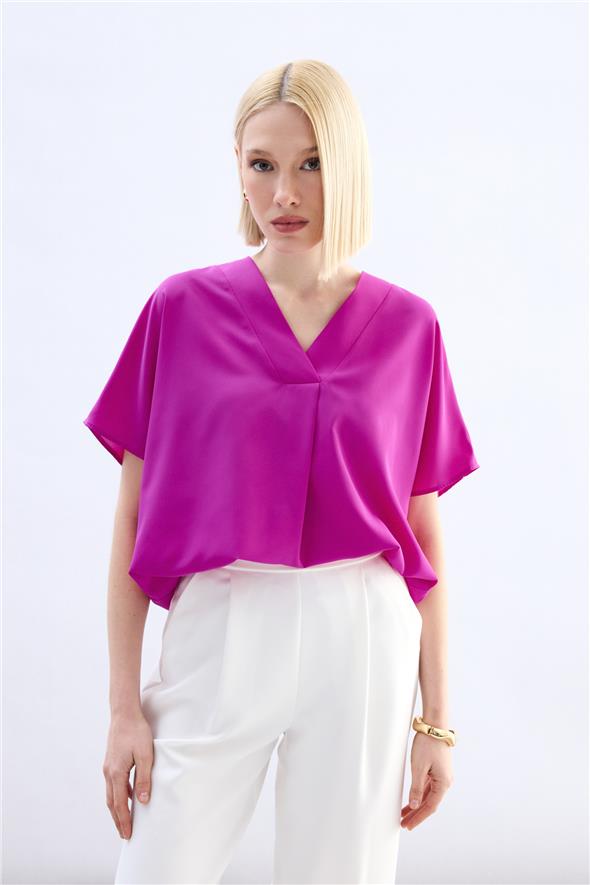 Geniş Kısa Kollu Bluz - Fuşya