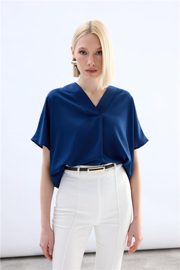 Geniş Kısa Kollu Bluz - İndigo