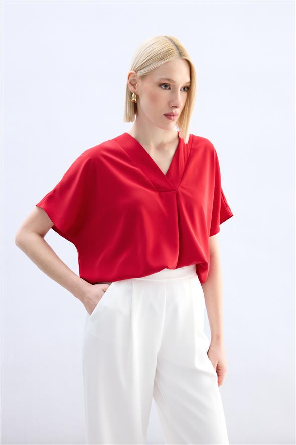 Geniş Kısa Kollu Bluz - Kırmızı