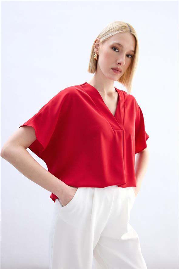 Geniş Kısa Kollu Bluz - Kırmızı
