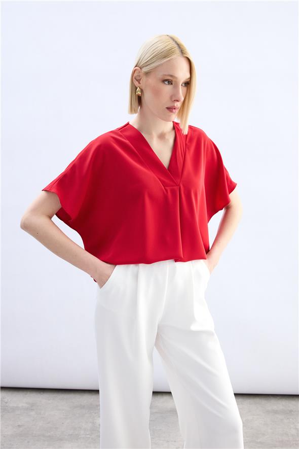 Geniş Kısa Kollu Bluz - Kırmızı