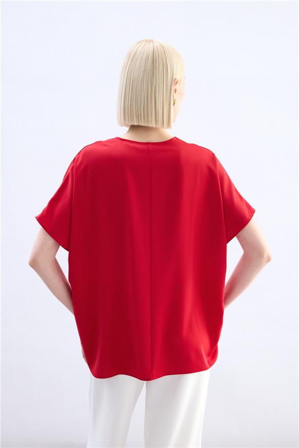 Geniş Kısa Kollu Bluz - Kırmızı