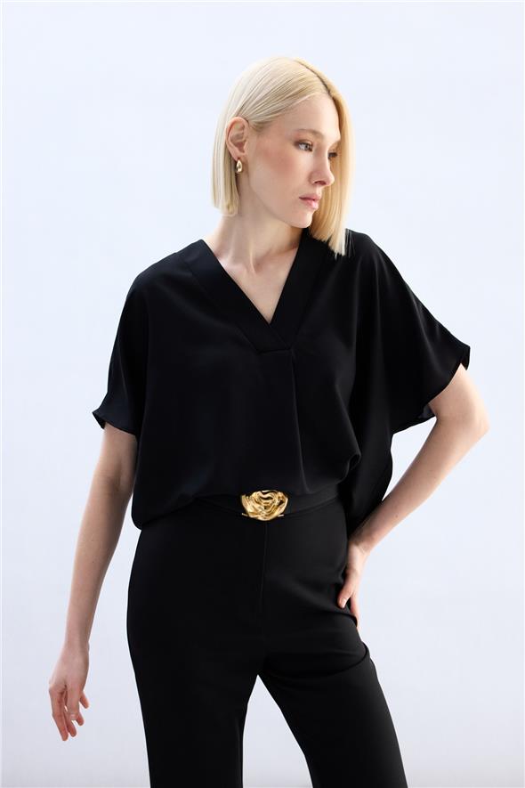 Geniş Kısa Kollu Bluz - Siyah