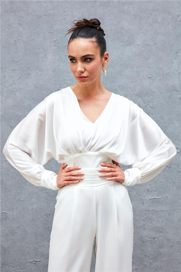 Geniş Kol Saten Bluz - Ekru