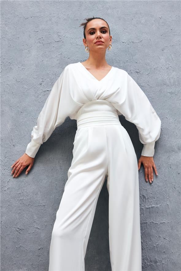 Geniş Kol Saten Bluz - Ekru