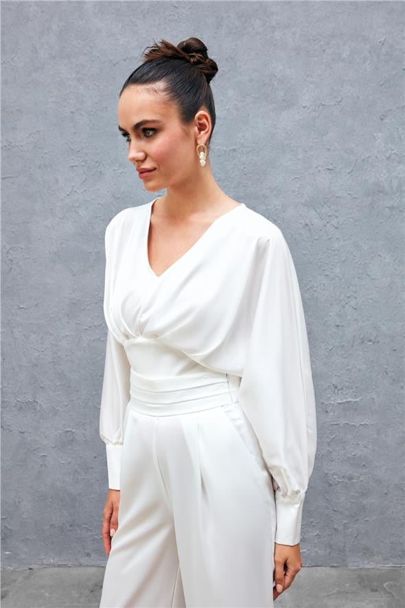 Geniş Kol Saten Bluz - Ekru