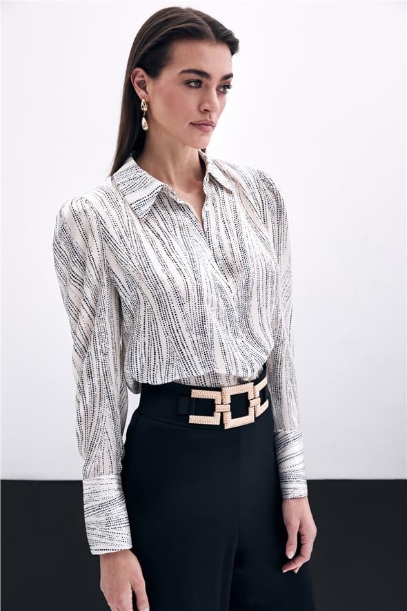 Geniş Manşetli Gömlek - Ekru-Siyah