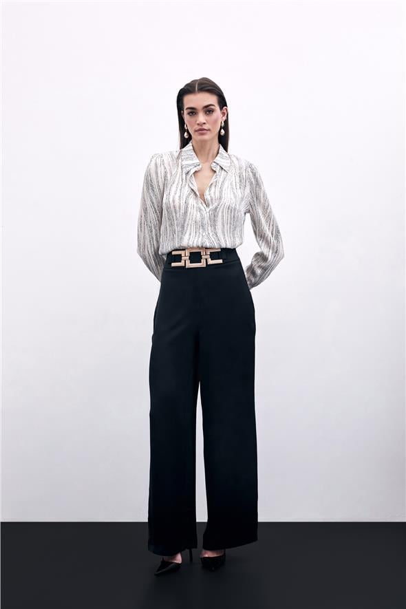 Geniş Manşetli Gömlek - Ekru-Siyah