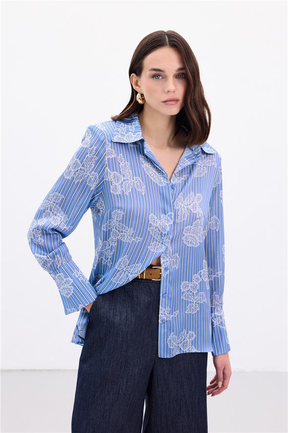 Geniş Manşetli Gömlek - Mavi