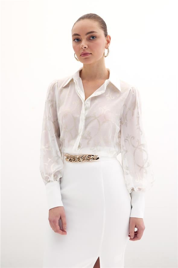 Geniş Manşetli Şifon Gömlek - Ekru