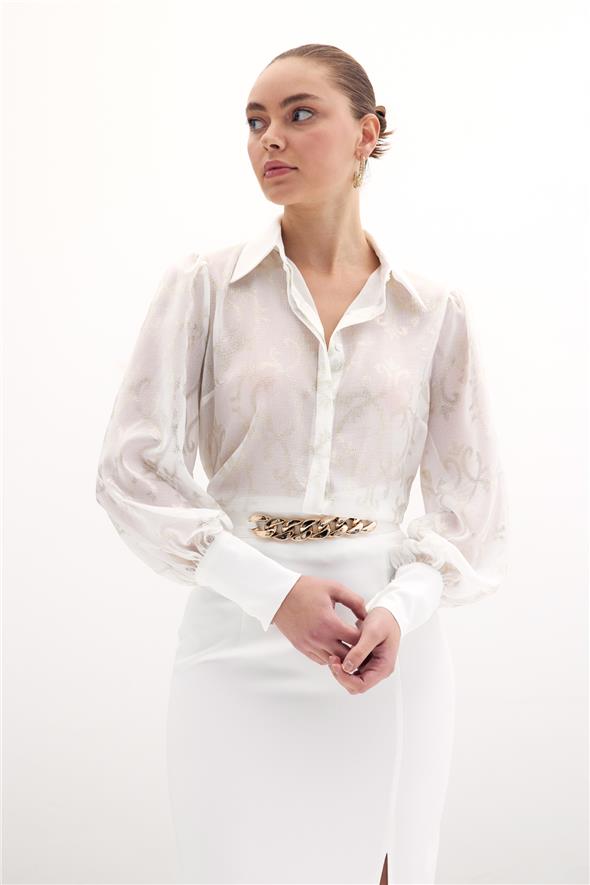 Geniş Manşetli Şifon Gömlek - Ekru