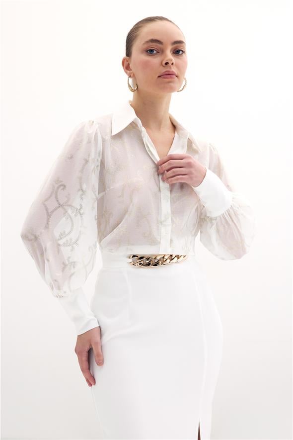 Geniş Manşetli Şifon Gömlek - Ekru