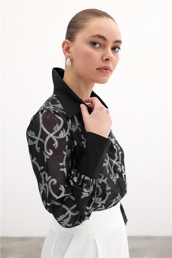 Geniş Manşetli Şifon Gömlek - Siyah