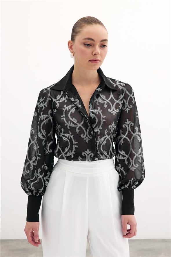 Geniş Manşetli Şifon Gömlek - Siyah