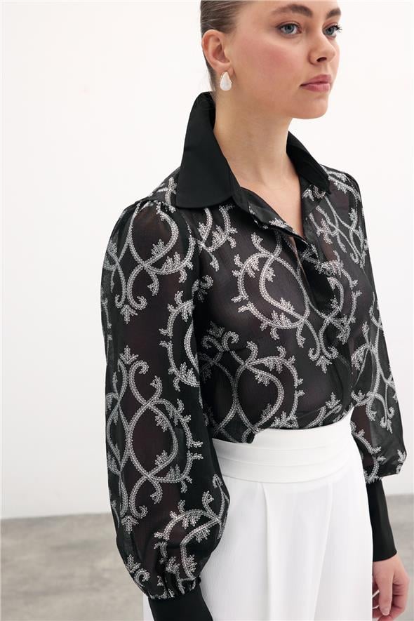 Geniş Manşetli Şifon Gömlek - Siyah