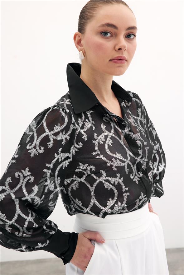 Geniş Manşetli Şifon Gömlek - Siyah