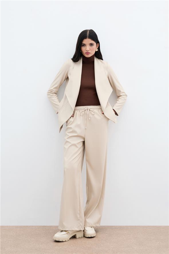 Geniş Yaka Deri Ceket - Taş