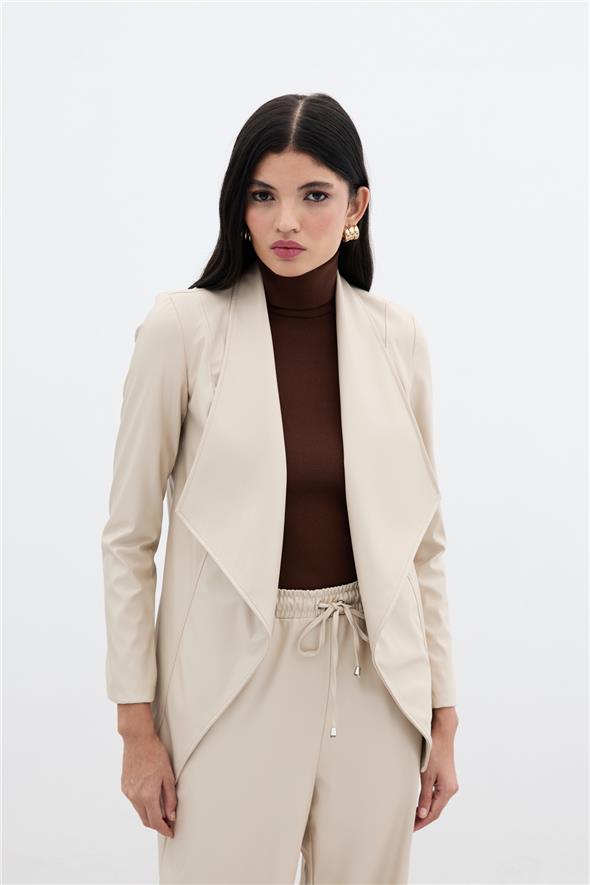 Geniş Yaka Deri Ceket - Taş