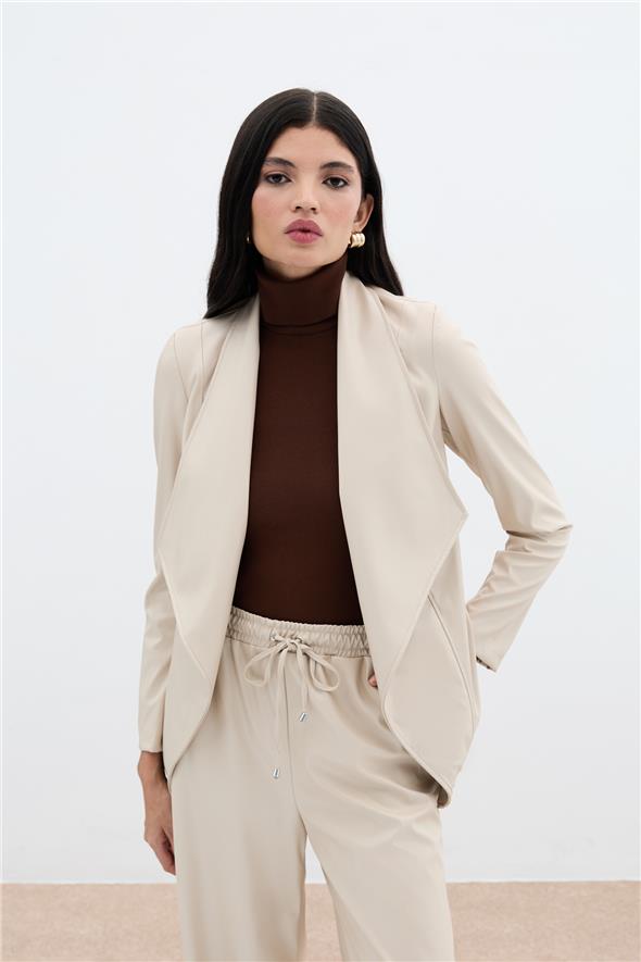 Geniş Yaka Deri Ceket - Taş