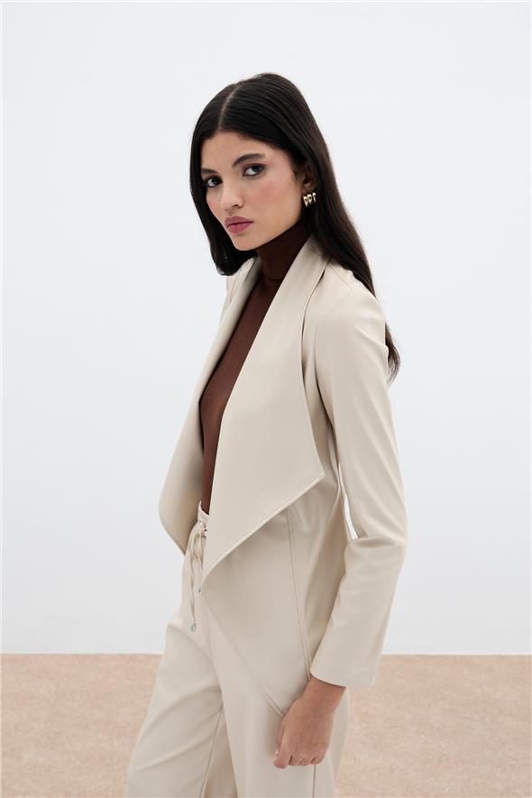 Geniş Yaka Deri Ceket - Taş