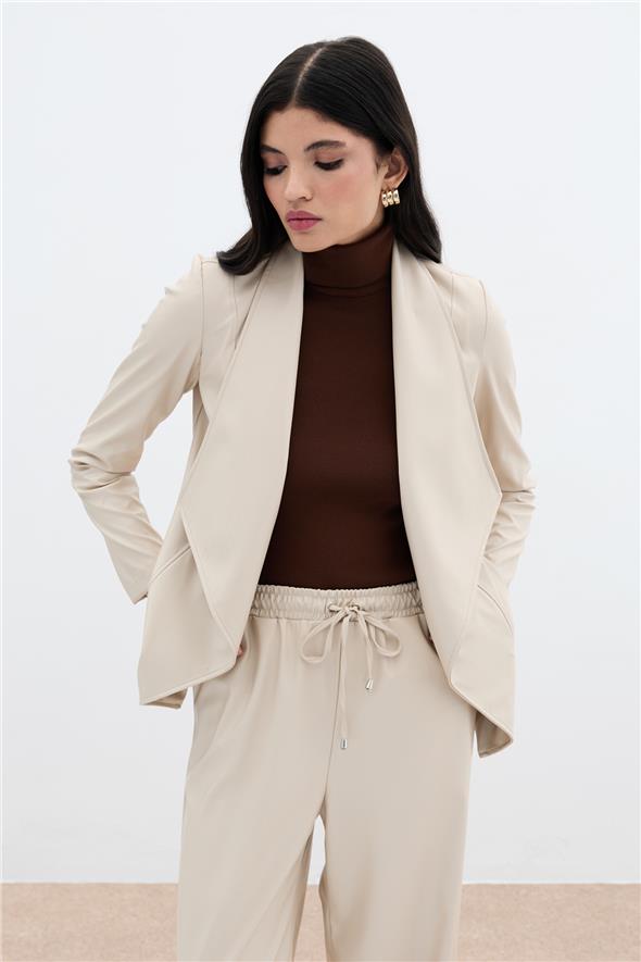 Geniş Yaka Deri Ceket - Taş