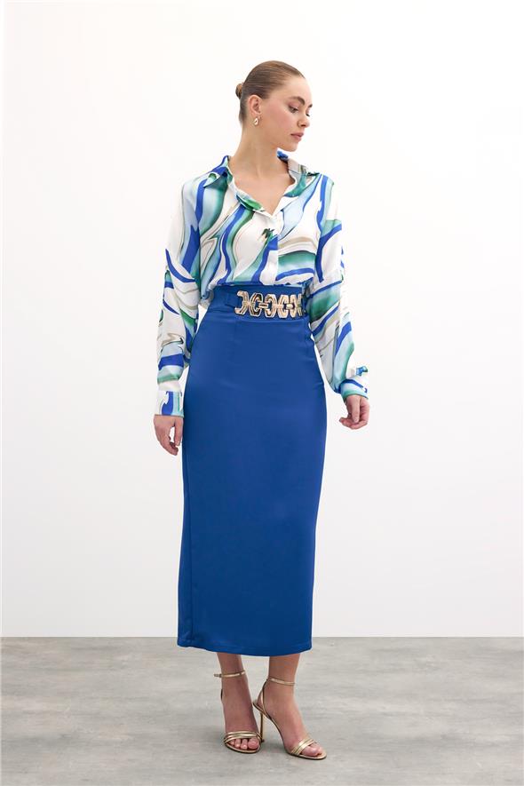 Gold Aksesuarlı Uzun Etek - Sax Mavi