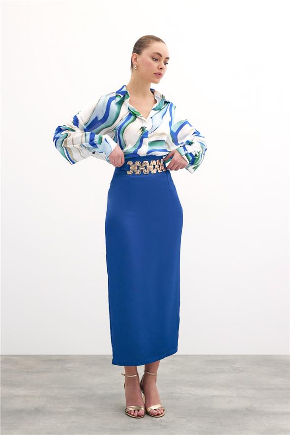 Gold Aksesuarlı Uzun Etek - Sax Mavi