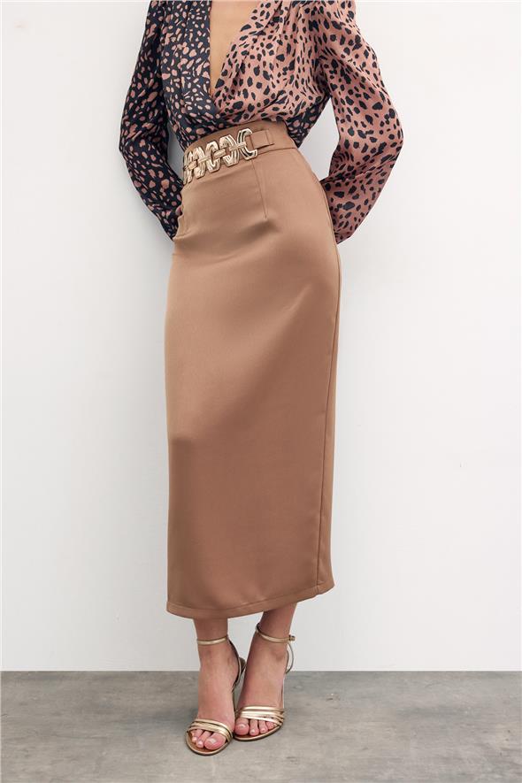Gold Aksesuarlı Uzun Etek - Vizon
