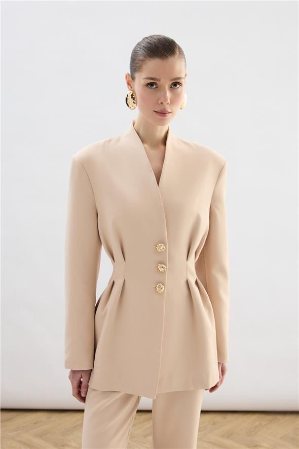 Gold Düğmeli Uzun Ceket - Bej