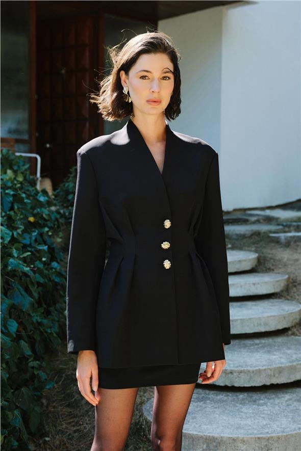 Gold Düğmeli Uzun Ceket - Siyah