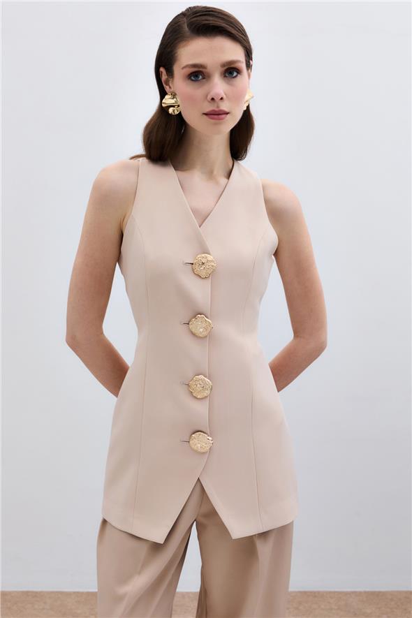 Gold Düğmeli Yelek - Bej