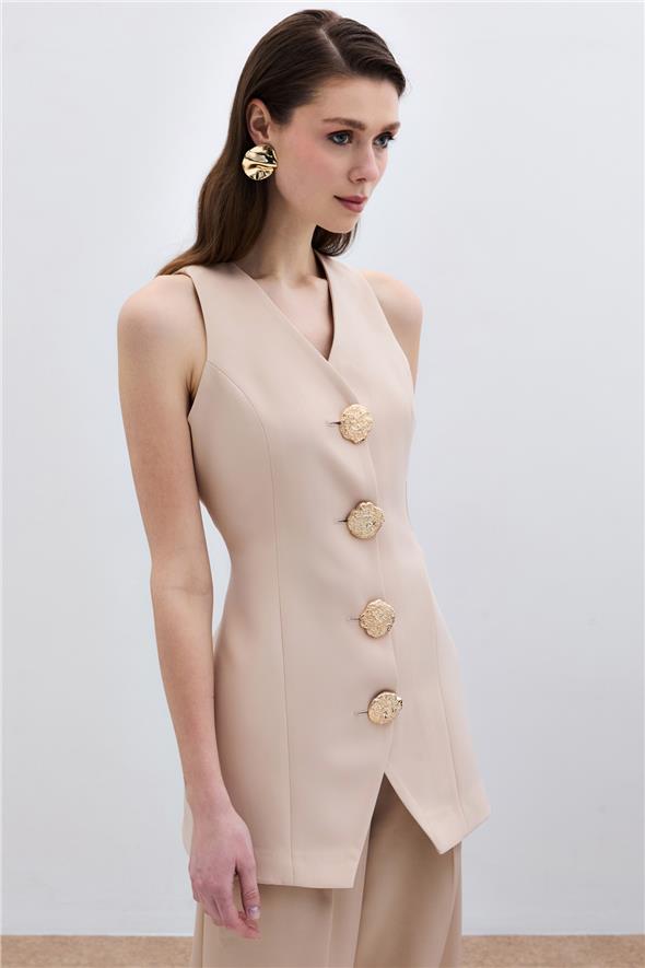 Gold Düğmeli Yelek - Bej