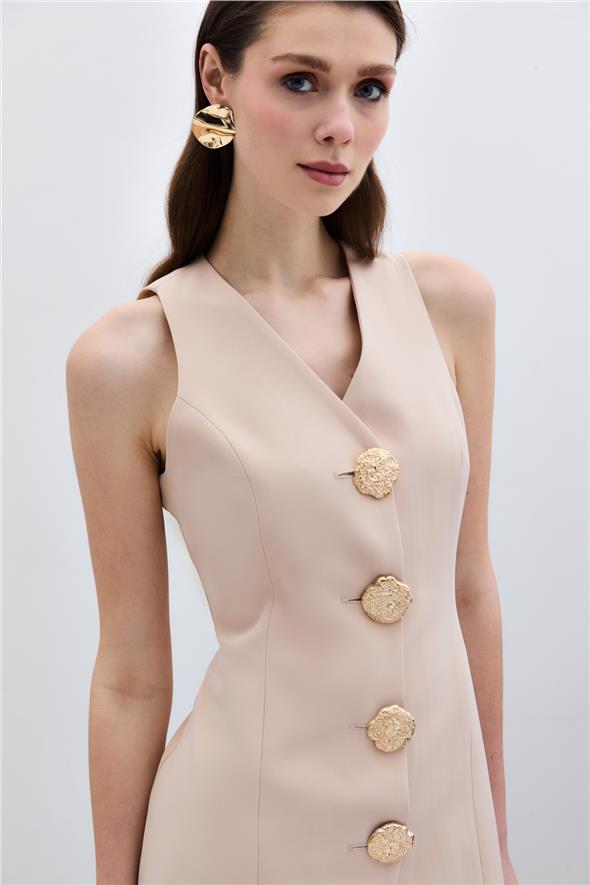 Gold Düğmeli Yelek - Bej