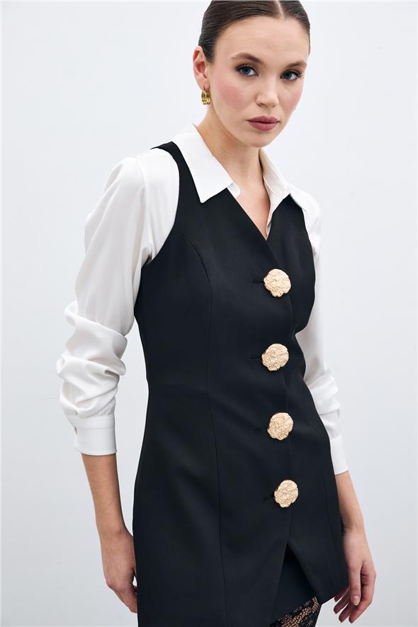 Gold Düğmeli Yelek - Siyah