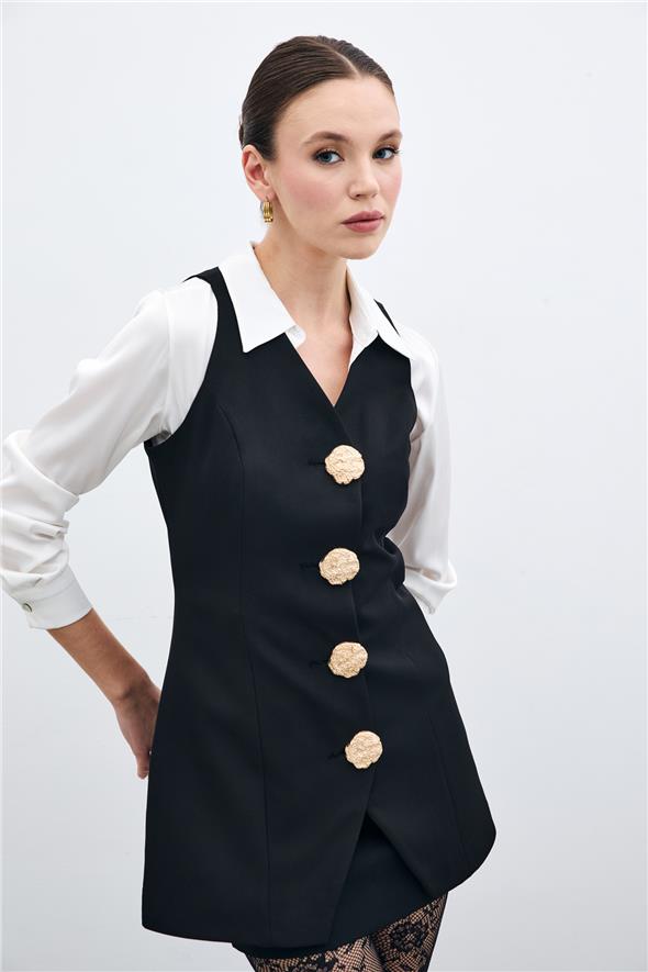 Gold Düğmeli Yelek - Siyah