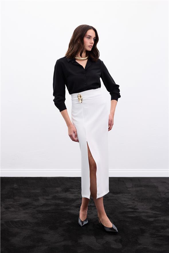 Gold Yan Aksesuarlı Etek - Ekru