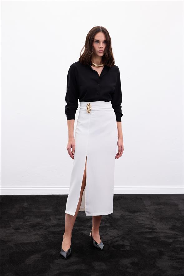 Gold Yan Aksesuarlı Etek - Ekru