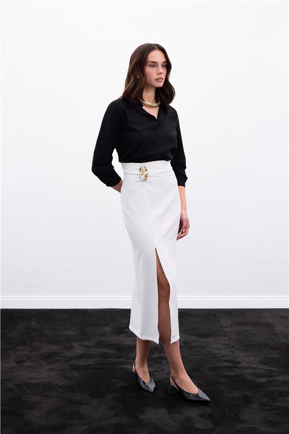 Gold Yan Aksesuarlı Etek - Ekru